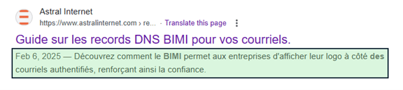 The meta description in a search engine display
