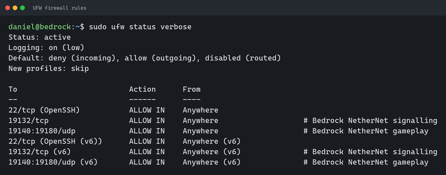 Output of sudo ufw status verbose showing the rules for SSH, TCP port 19132 and the UDP range 19140 to 19180