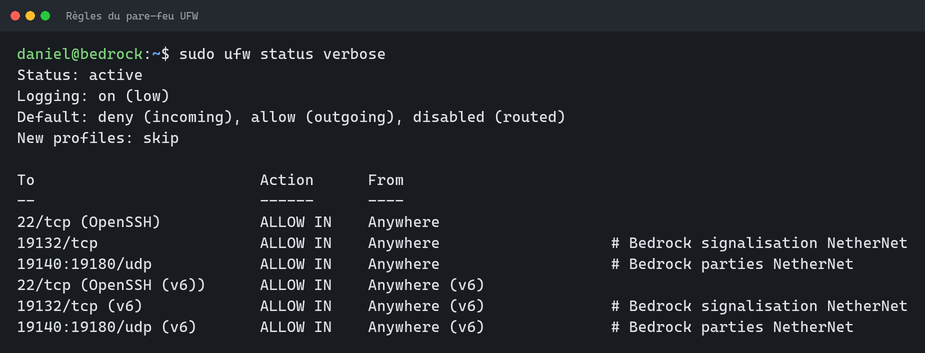 Sortie de la commande sudo ufw status verbose montrant les règles pour SSH, le port TCP 19132 et la plage UDP 19140 à 19180