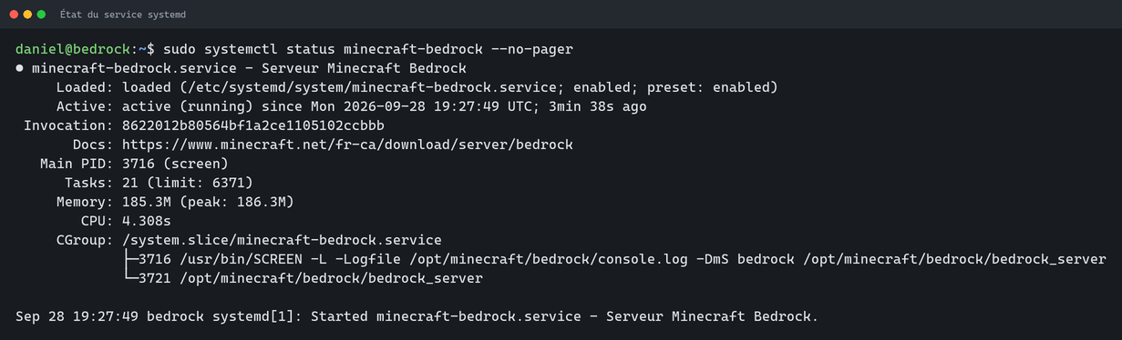 Sortie de systemctl status montrant le service minecraft-bedrock actif, avec screen comme processus principal et bedrock_server en dessous