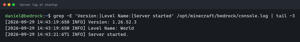 Extract of the server log showing version 1.26.52.3, the world name and the Server started line