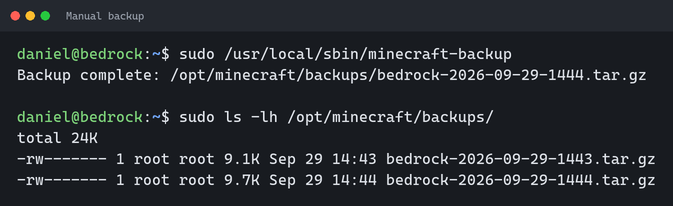 The backup script prints the path of the archive it created, then the list of archives present