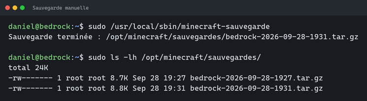 Le script de sauvegarde affiche le chemin de l’archive créée, puis la liste des archives présentes